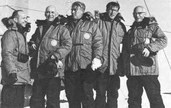 Phil Smith  on a visit to Antarctica with rocketry pioneer Wernher von Braun.